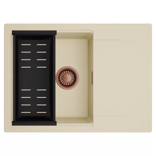 HD Onyx Beige 68-XL egymedencés mosogatótálca szett, matt fekete csepegtetőkosárral, csepegtetőtálcával, soft bézs színben, szálcsiszolt réz leeresztő szifonnal