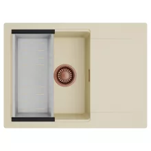 HD Onyx Beige 68-XL egymedencés mosogatótálca szett, acél csepegtetőkosárral, csepegtetőtálcával, soft bézs színben, szálcsiszolt réz leeresztő szifonnal