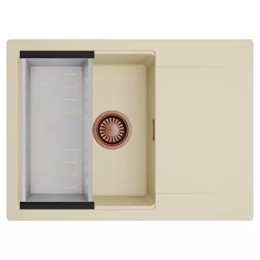 HD Onyx Beige 68-XL egymedencés mosogatótálca szett, acél csepegtetőkosárral, csepegtetőtálcával, soft bézs színben, szálcsiszolt réz leeresztő szifonnal