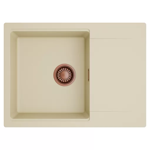 HD Onyx Beige 68-XL egymedencés mosogatótálca, csepegtetőtálcával, soft bézs színben, szálcsiszolt réz leeresztő szifonnal