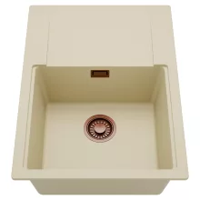 HD Onyx Beige 68-XL egymedencés mosogatótálca, csepegtetőtálcával, soft bézs színben, szálcsiszolt réz leeresztő szifonnal