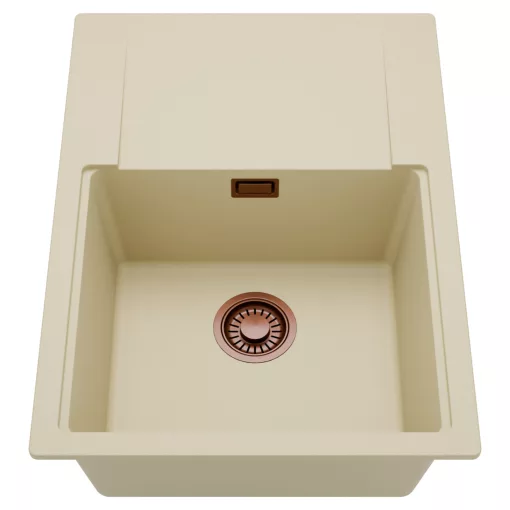 HD Onyx Beige 68-XL egymedencés mosogatótálca, csepegtetőtálcával, soft bézs színben, szálcsiszolt réz leeresztő szifonnal