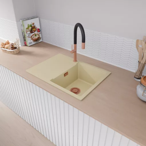 HD Onyx Beige 68-XL egymedencés mosogatótálca, csepegtetőtálcával, soft bézs színben, szálcsiszolt réz leeresztő szifonnal