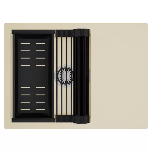 HD Onyx Beige 68-XL egymedencés mosogatótálca szett, matt fekete csepegtetőráccsal és kosárral, csepegtetőtálcával, soft bézs színben