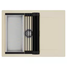 HD Onyx Beige 68-XL egymedencés mosogatótálca szett, matt fekete csepegtetőráccsal és krómozott kosárral, csepegtetőtálcával, soft bézs színben