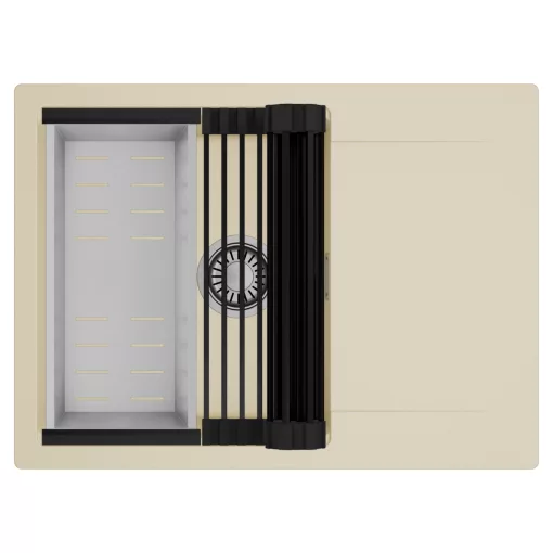 HD Onyx Beige 68-XL egymedencés mosogatótálca szett, matt fekete csepegtetőráccsal és krómozott kosárral, csepegtetőtálcával, soft bézs színben