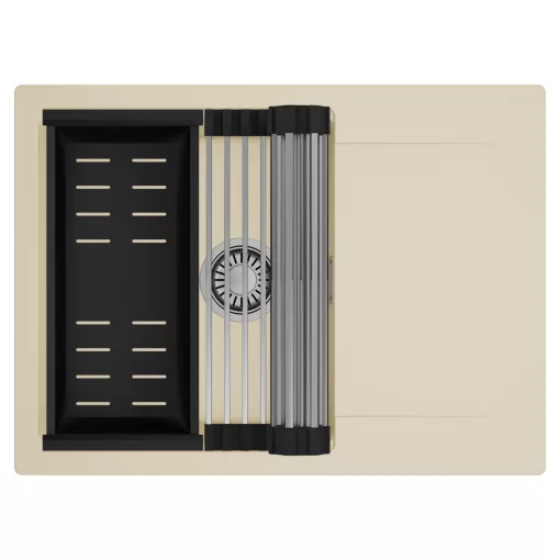 HD Onyx Beige 68-XL egymedencés mosogatótálca szett, acél csepegtetőráccsal és matt fekete kosárral, csepegtetőtálcával, soft bézs színben