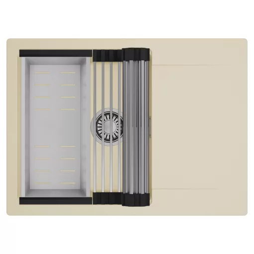 HD Onyx Beige 68-XL egymedencés mosogatótálca szett, acél csepegtetőráccsal és kosárral, csepegtetőtálcával, soft bézs színben