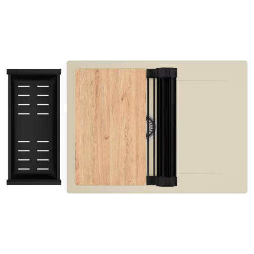 HD Onyx Beige 68-XL egymedencés gránit mosogatótálca szett, csepegtetőtálcával, vágódeszkával, matt fekete csepegtetőráccsal és kosárral, soft bézs színben