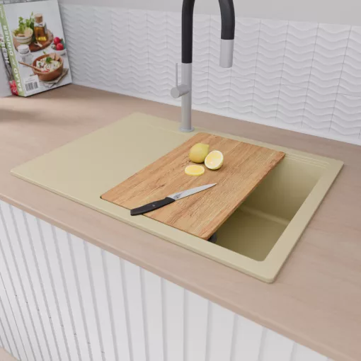 HD Onyx Beige 68-XL egymedencés gránit mosogatótálca szett, csepegtetőtálcával, vágódeszkával, matt fekete csepegtetőráccsal és krómozott kosárral, soft bézs színben