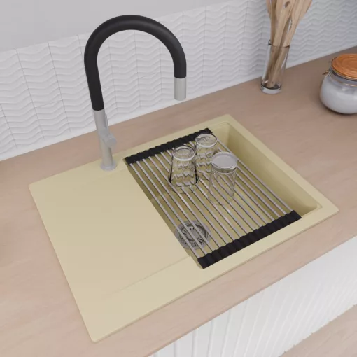 HD Onyx Beige 68-XL egymedencés gránit mosogatótálca szett, csepegtetőtálcával, vágódeszkával, acél csepegtetőráccsal és matt fekete kosárral, soft bézs színben