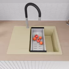 HD Onyx Beige 68-XL egymedencés gránit mosogatótálca szett, csepegtetőtálcával, vágódeszkával, acél csepegtetőráccsal és kosárral, soft bézs színben