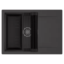 HD Onyx Antracit 68-XL egymedencés mosogatótálca szett, matt fekete csepegtetőráccsal és kosárral, csepegtetőtálcával, matt antracit színben, szálcsiszolt króm leeresztő szifonnal