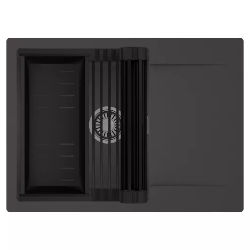 HD Onyx Antracit 68-XL egymedencés mosogatótálca szett, matt fekete csepegtetőráccsal és kosárral, csepegtetőtálcával, matt antracit színben, szálcsiszolt króm leeresztő szifonnal