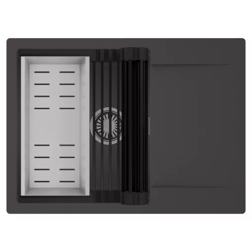 HD Onyx Antracit 68-XL egymedencés mosogatótálca szett, matt fekete csepegtetőráccsal és krómozott kosárral, csepegtetőtálcával, matt antracit színben, szálcsiszolt króm leeresztő szifonnal