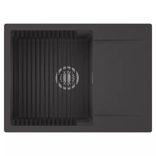 HD Onyx Antracit 68-XL egymedencés mosogatótálca szett, matt fekete csepegtetőráccsal, csepegtetőtálcával, matt antracit színben, szálcsiszolt króm leeresztő szifonnal