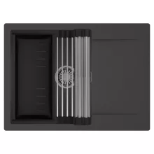 HD Onyx Antracit 68-XL egymedencés mosogatótálca szett, acél csepegtetőráccsal és matt fekete kosárral, csepegtetőtálcával, matt antracit színben, szálcsiszolt króm leeresztő szifonnal