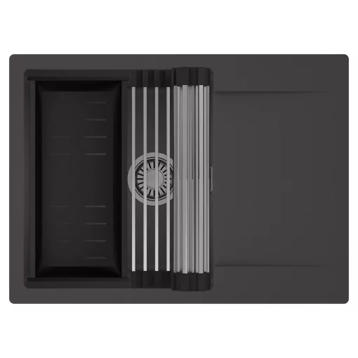 HD Onyx Antracit 68-XL egymedencés mosogatótálca szett, acél csepegtetőráccsal és matt fekete kosárral, csepegtetőtálcával, matt antracit színben, szálcsiszolt króm leeresztő szifonnal