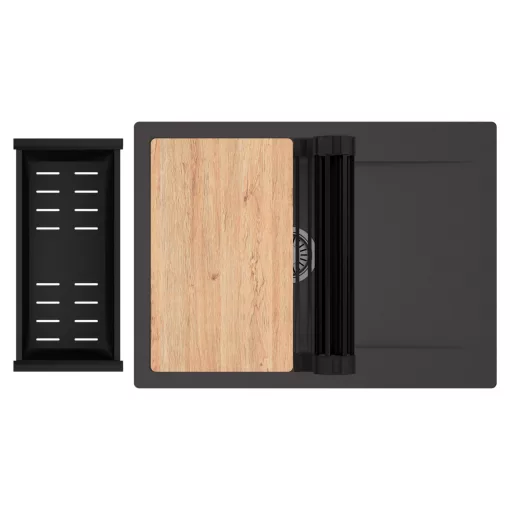 HD Onyx Antracit 68-XL egymedencés gránit mosogatótálca szett, csepegtetőtálcával, vágódeszkával, matt fekete csepegtetőráccsal és kosárral, matt antracit színben, szálcsiszolt króm leeresztő szifonnal