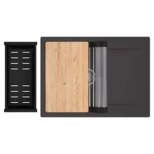 HD Onyx Antracit 68-XL egymedencés gránit mosogatótálca szett, csepegtetőtálcával, vágódeszkával, acél csepegtetőráccsal és matt fekete kosárral, matt antracit színben, szálcsiszolt króm leeresztő szifonnal