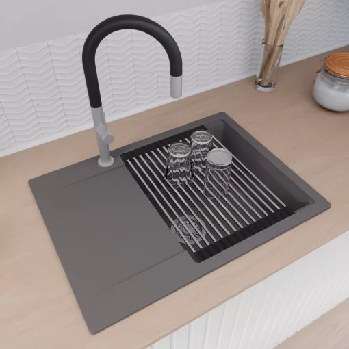 HD Onyx Antracit 68-XL egymedencés gránit mosogatótálca szett, csepegtetőtálcával, vágódeszkával, acél csepegtetőráccsal és matt fekete kosárral, matt antracit színben, szálcsiszolt króm leeresztő szifonnal