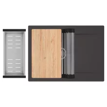 HD Onyx Antracit 68-XL egymedencés gránit mosogatótálca szett, csepegtetőtálcával, vágódeszkával, acél csepegtetőráccsal és kosárral, matt antracit színben, szálcsiszolt króm leeresztő szifonnal