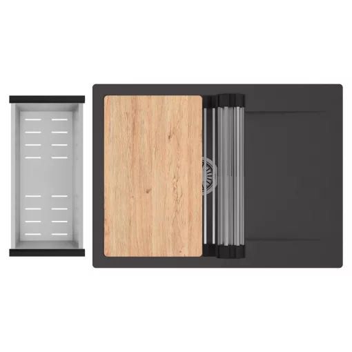 HD Onyx Antracit 68-XL egymedencés gránit mosogatótálca szett, csepegtetőtálcával, vágódeszkával, acél csepegtetőráccsal és kosárral, matt antracit színben, szálcsiszolt króm leeresztő szifonnal