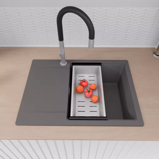 HD Onyx Antracit 68-XL egymedencés gránit mosogatótálca szett, csepegtetőtálcával, vágódeszkával, acél csepegtetőráccsal és kosárral, matt antracit színben, szálcsiszolt króm leeresztő szifonnal