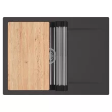 HD Onyx Antracit 68-XL egymedencés gránit mosogatótálca szett, csepegtetőtálcával, vágódeszkával, acél csepegtetőráccsal, matt antracit színben, szálcsiszolt króm leeresztő szifonnal