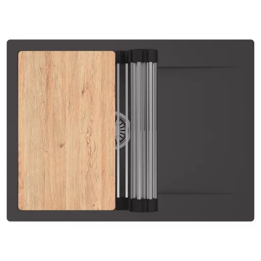 HD Onyx Antracit 68-XL egymedencés gránit mosogatótálca szett, csepegtetőtálcával, vágódeszkával, acél csepegtetőráccsal, matt antracit színben, szálcsiszolt króm leeresztő szifonnal