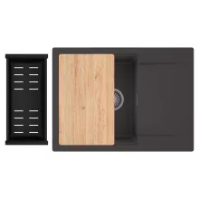 HD Onyx Antracit 68-XL egymedencés gránit mosogatótálca szett, csepegtetőtálcával, vágódeszkával, matt fekete csepegtetőkosárral, matt antracit színben, szálcsiszolt króm leeresztő szifonnal