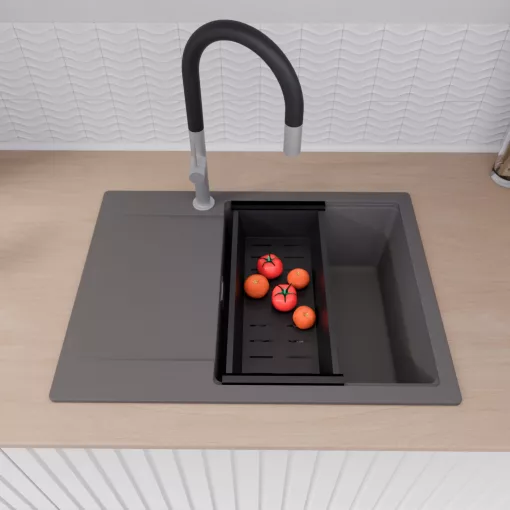 HD Onyx Antracit 68-XL egymedencés gránit mosogatótálca szett, csepegtetőtálcával, vágódeszkával, matt fekete csepegtetőkosárral, matt antracit színben, szálcsiszolt króm leeresztő szifonnal