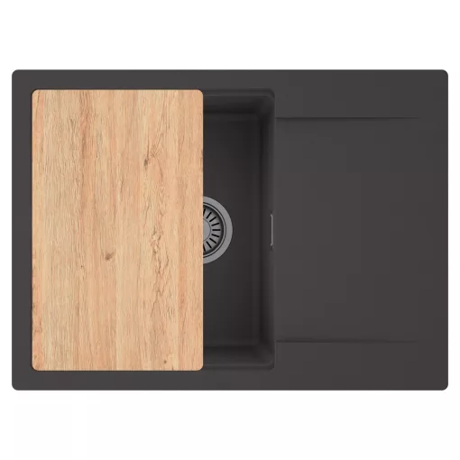 HD Onyx Antracit 68-XL egymedencés gránit mosogatótálca, vágódeszkával, matt antracit színben, szálcsiszolt króm leeresztő szifonnal