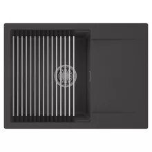 HD Onyx Antracit 68-XL egymedencés mosogatótálca szett, acél csepegtetőráccsal, csepegtetőtálcával, matt antracit színben, szálcsiszolt króm leeresztő szifonnal