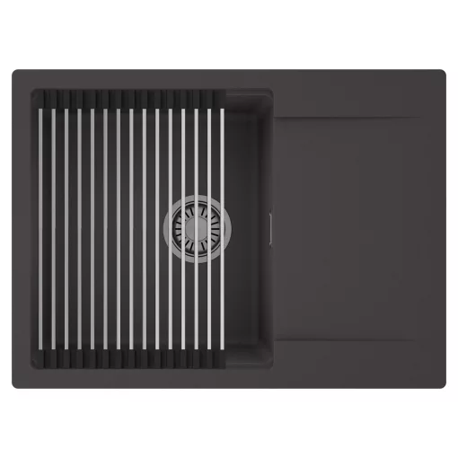 HD Onyx Antracit 68-XL egymedencés mosogatótálca szett, acél csepegtetőráccsal, csepegtetőtálcával, matt antracit színben, szálcsiszolt króm leeresztő szifonnal