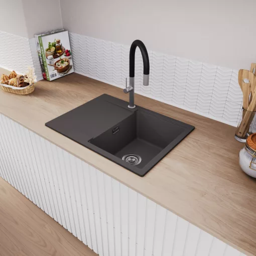 HD Onyx Antracit 68-XL egymedencés mosogatótálca, csepegtetőtálcával, matt antracit színben, szálcsiszolt króm leeresztő szifonnal