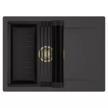 HD Onyx Antracit 68-XL egymedencés mosogatótálca szett, matt fekete csepegtetőráccsal és kosárral, csepegtetőtálcával, matt antracit színben, szálcsiszolt arany leeresztő szifonnal