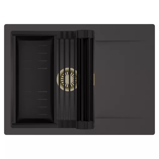 HD Onyx Antracit 68-XL egymedencés mosogatótálca szett, matt fekete csepegtetőráccsal és kosárral, csepegtetőtálcával, matt antracit színben, szálcsiszolt arany leeresztő szifonnal