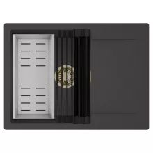 HD Onyx Antracit 68-XL egymedencés mosogatótálca szett, matt fekete csepegtetőráccsal és krómozott kosárral, csepegtetőtálcával, matt antracit színben, szálcsiszolt arany leeresztő szifonnal