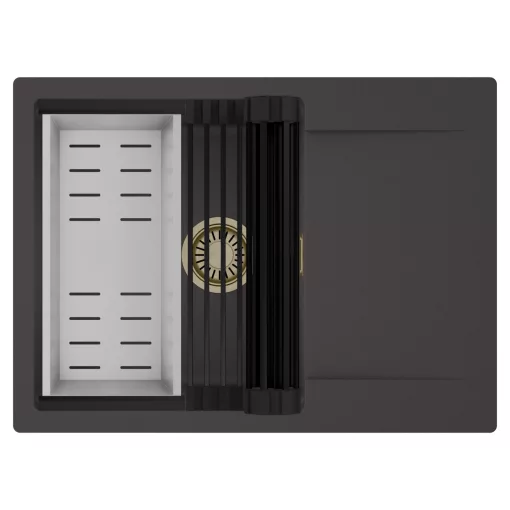 HD Onyx Antracit 68-XL egymedencés mosogatótálca szett, matt fekete csepegtetőráccsal és krómozott kosárral, csepegtetőtálcával, matt antracit színben, szálcsiszolt arany leeresztő szifonnal