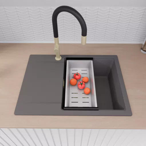 HD Onyx Antracit 68-XL egymedencés mosogatótálca szett, matt fekete csepegtetőráccsal és krómozott kosárral, csepegtetőtálcával, matt antracit színben, szálcsiszolt arany leeresztő szifonnal