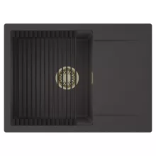 HD Onyx Antracit 68-XL egymedencés mosogatótálca szett, matt fekete csepegtetőráccsal, csepegtetőtálcával, matt antracit színben, szálcsiszolt arany leeresztő szifonnal