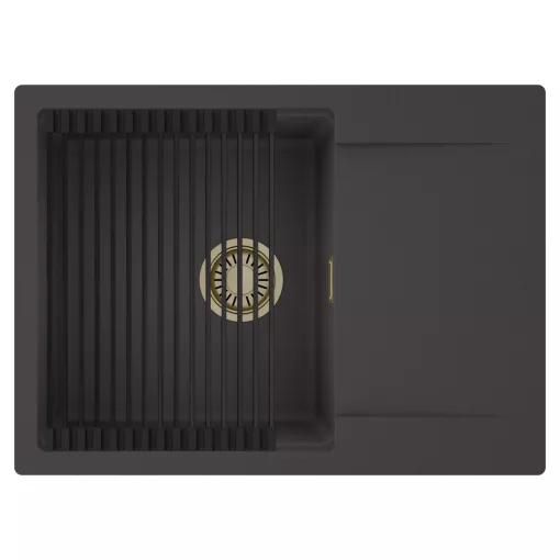 HD Onyx Antracit 68-XL egymedencés mosogatótálca szett, matt fekete csepegtetőráccsal, csepegtetőtálcával, matt antracit színben, szálcsiszolt arany leeresztő szifonnal