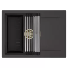 HD Onyx Antracit 68-XL egymedencés mosogatótálca szett, acél csepegtetőráccsal és matt fekete kosárral, csepegtetőtálcával, matt antracit színben, szálcsiszolt arany leeresztő szifonnal