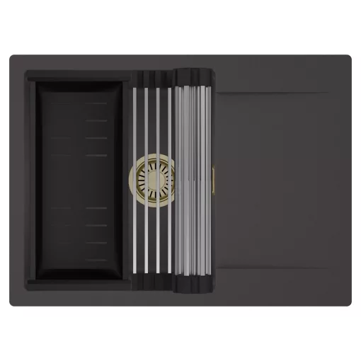 HD Onyx Antracit 68-XL egymedencés mosogatótálca szett, acél csepegtetőráccsal és matt fekete kosárral, csepegtetőtálcával, matt antracit színben, szálcsiszolt arany leeresztő szifonnal