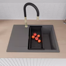 HD Onyx Antracit 68-XL egymedencés mosogatótálca szett, acél csepegtetőráccsal és matt fekete kosárral, csepegtetőtálcával, matt antracit színben, szálcsiszolt arany leeresztő szifonnal