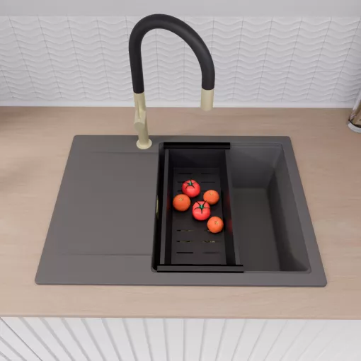 HD Onyx Antracit 68-XL egymedencés mosogatótálca szett, acél csepegtetőráccsal és matt fekete kosárral, csepegtetőtálcával, matt antracit színben, szálcsiszolt arany leeresztő szifonnal