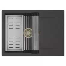 HD Onyx Antracit 68-XL egymedencés mosogatótálca szett, acél csepegtetőráccsal és kosárral, csepegtetőtálcával, matt antracit színben, szálcsiszolt arany leeresztő szifonnal