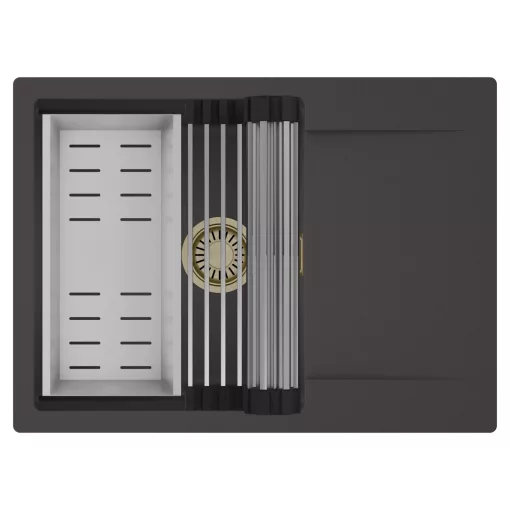 HD Onyx Antracit 68-XL egymedencés mosogatótálca szett, acél csepegtetőráccsal és kosárral, csepegtetőtálcával, matt antracit színben, szálcsiszolt arany leeresztő szifonnal