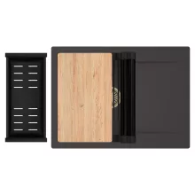 HD Onyx Antracit 68-XL egymedencés gránit mosogatótálca szett, csepegtetőtálcával, vágódeszkával, matt fekete csepegtetőráccsal és kosárral, matt antracit színben, szálcsiszolt arany leeresztő szifonnal